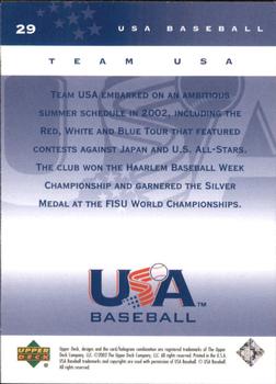 2002 Upper Deck USA Baseball National Team #29 Team USA Posing with USA Flag Back