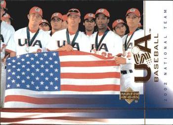 2002 Upper Deck USA Baseball National Team #29 Team USA Posing with USA Flag Front