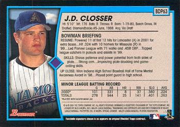 2001 Bowman Draft Picks & Prospects #BDP63 J.D. Closser Back