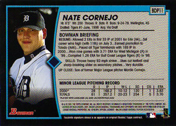 2001 Bowman Draft Picks & Prospects #BDP11 Nate Cornejo Back