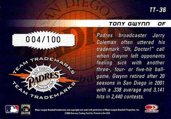 2003 Donruss Signature - Team Trademarks Century #TT-36 Tony Gwynn Back