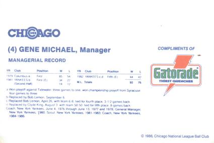 1986 Gatorade Chicago Cubs #NNO Gene Michael Back