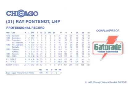 1986 Gatorade Chicago Cubs #NNO Ray Fontenot Back