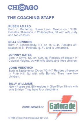 1986 Gatorade Chicago Cubs #NNO Ruben Amaro / Billy Connors / Johnny Oates / John Vukovich / Billy Williams Back