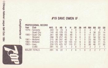 1984 7-Up Chicago Cubs #NNO Dave Owen Back