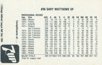 1984 7-Up Chicago Cubs #NNO Gary Matthews Back