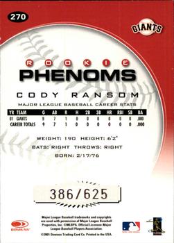 2001 Donruss Class of 2001 #270 Cody Ransom Back