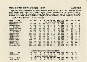 1979 Boston Red Sox Vendor Cards #NNO Carlton Fisk Back