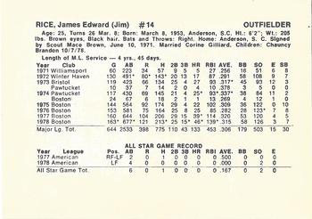 1979 Boston Red Sox Vendor Cards #NNO Jim Rice Back