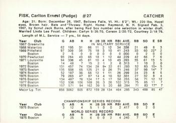 1979 Boston Red Sox Vendor Cards #NNO Carlton Fisk Back