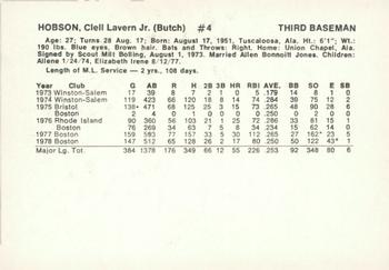 1979 Boston Red Sox Vendor Cards #NNO Butch Hobson Back