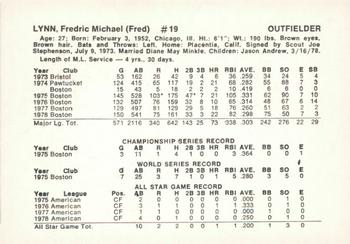 1979 Boston Red Sox Vendor Cards #NNO Fred Lynn Back