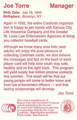 1992 St. Louis Cardinals Police #NNO Joe Torre Back