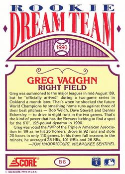 1990 Score - Rookie Dream Team #B8 Greg Vaughn Back