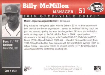 2010 MultiAd Greenville Drive #1 Billy McMillon Back