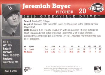 2010 MultiAd Greenville Drive #9 Jeremiah Bayer Back