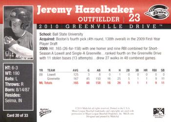 2010 MultiAd Greenville Drive #20 Jeremy Hazelbaker Back