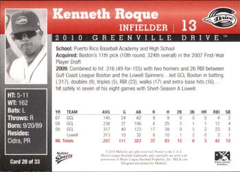 2010 MultiAd Greenville Drive #28 Kenneth Roque Back