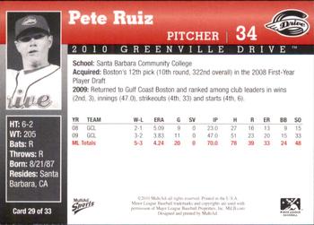 2010 MultiAd Greenville Drive #29 Pete Ruiz Back