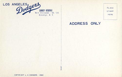 1960 Los Angeles Dodgers Postcards #NNO Sandy Koufax Back