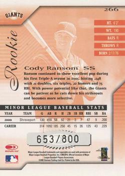 2001 Donruss Signature #266 Cody Ransom Back