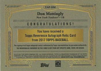 2017 Topps - Reverence Autograph Patch Relics #TAP-DM Don Mattingly Back