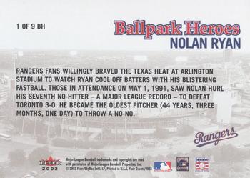2003 Flair Greats - Ballpark Heroes #1 BH Nolan Ryan Back