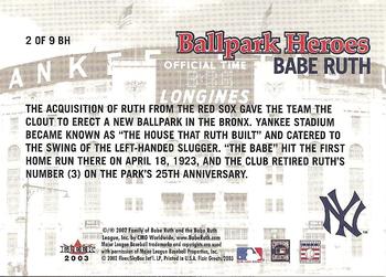 2003 Flair Greats - Ballpark Heroes #2 BH Babe Ruth Back