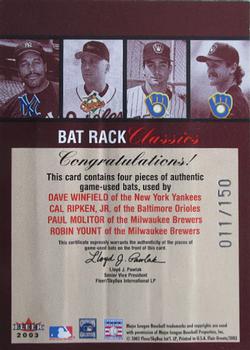2003 Flair Greats - Bat Rack Classics Quads #NNO Dave Winfield / Cal Ripken, Jr. / Paul Molitor / Robin Yount Back