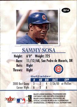 2001 Fleer Authority #54 Sammy Sosa Back
