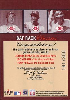 2003 Flair Greats - Bat Rack Classics Trios #NNO Johnny Bench / Joe Morgan / Tony Perez Back
