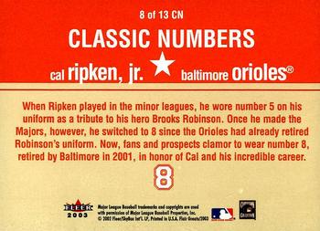2003 Flair Greats - Classic Numbers #8CN Cal Ripken Jr. Back