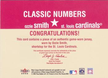 2003 Flair Greats - Classic Numbers Game Used #NNO Ozzie Smith Back