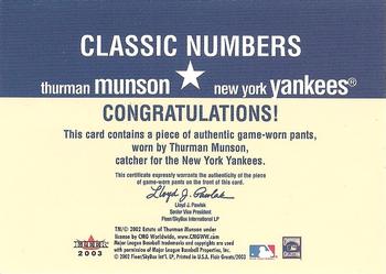 2003 Flair Greats - Classic Numbers Game Used #NNO Thurman Munson Back