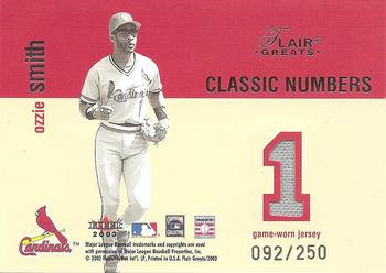 2003 Flair Greats - Classic Numbers Game Used Dual #NNO Cal Ripken, Jr. / Ozzie Smith Back