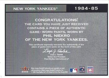 2003 Flair Greats - Cut of History Game Used #NNO Phil Niekro Back
