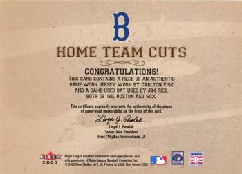 2003 Flair Greats - Home Team Cuts Game Used Dual #NNO Carlton Fisk / Jim Rice Back