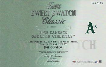 2003 Flair Greats - Sweet Swatch Classic Bat #NNO Jose Canseco Back
