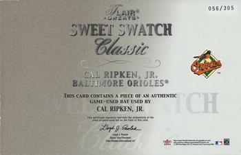 2003 Flair Greats - Sweet Swatch Classic Bat #NNO Cal Ripken, Jr. Back