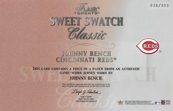 2003 Flair Greats - Sweet Swatch Classic Patch #NNO Johnny Bench Back