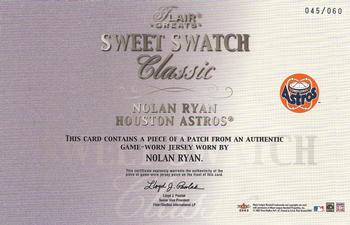 2003 Flair Greats - Sweet Swatch Classic Patch #NNO Nolan Ryan Back