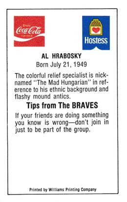 1981 Atlanta Braves Police #NNO Al Hrabosky Back