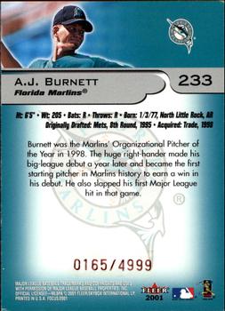 2001 Fleer Focus #233 A.J. Burnett Back