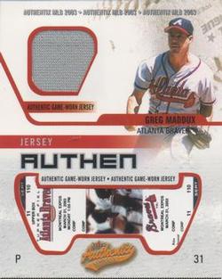 2003 Fleer Authentix - Game Jersey #JA-GM Greg Maddux Front