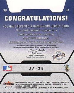 2003 Fleer Authentix - Game Jersey #JA-SB Sean Burroughs Back