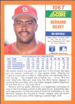 1990 Score Rookie & Traded #106T Bernard Gilkey Back