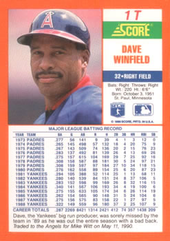 1990 Score Rookie & Traded #1T Dave Winfield Back