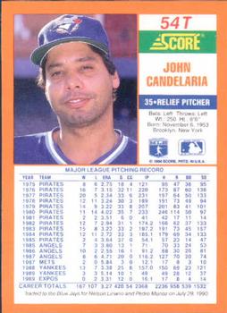 1990 Score Rookie & Traded #54T John Candelaria Back