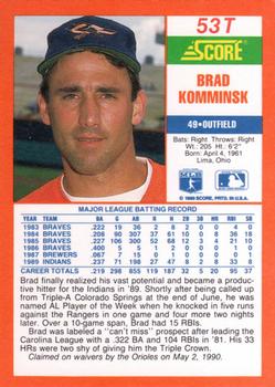 1990 Score Rookie & Traded #53T Brad Komminsk Back