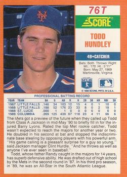 1990 Score Rookie & Traded #76T Todd Hundley Back
